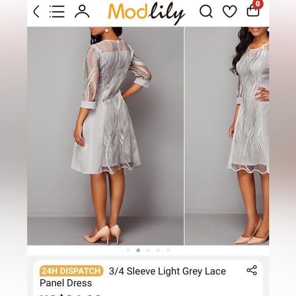 Modlily 3/4 Sleeve Light Grey Lace Panel Dress, size Large - Picture 4 of 12
